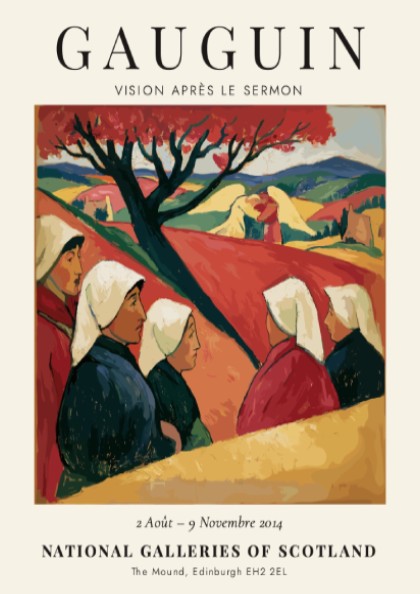 Gauguin Exhibition Poster featuring Vision Après le Sermon with warm colors and serene landscape.