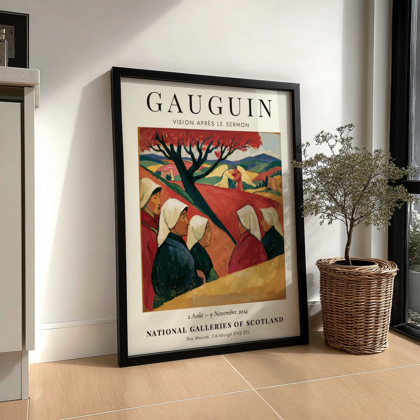 Gauguin Exhibition Poster featuring Vision Après le Sermon with warm colors and serene landscape.
