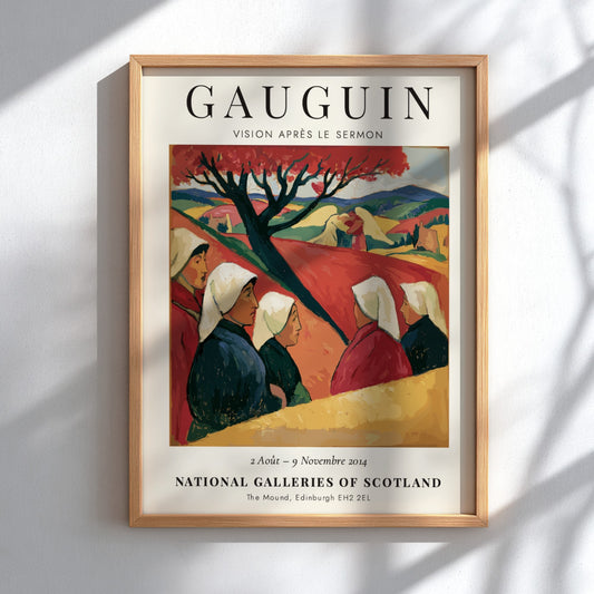 Gauguin Exhibition Poster featuring Vision Après le Sermon with warm colors and serene landscape.