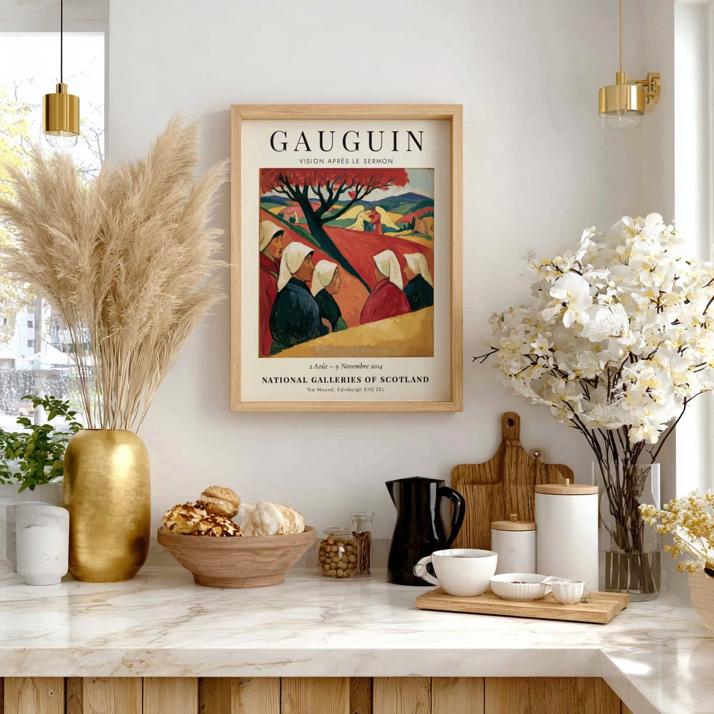 Gauguin Exhibition Poster featuring Vision Après le Sermon with warm colors and serene landscape.