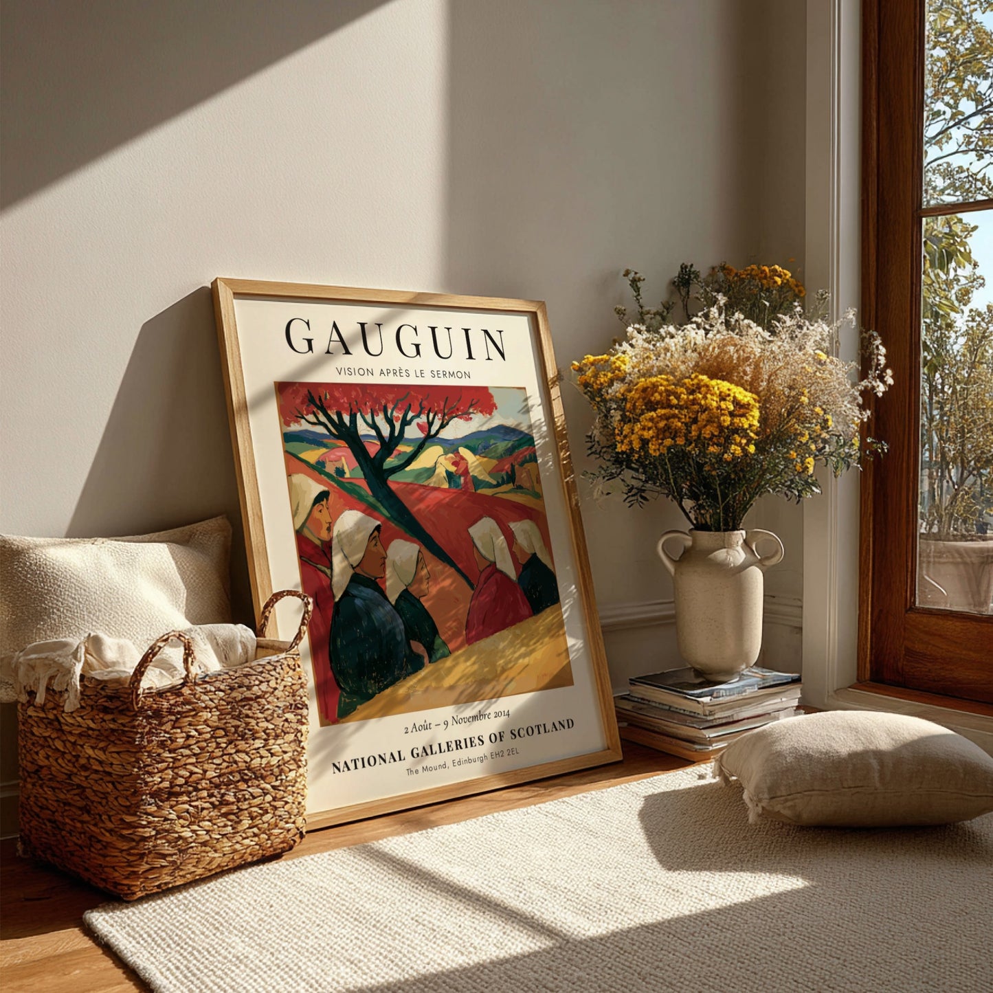 Gauguin Exhibition Poster featuring Vision Après le Sermon with warm colors and serene landscape.