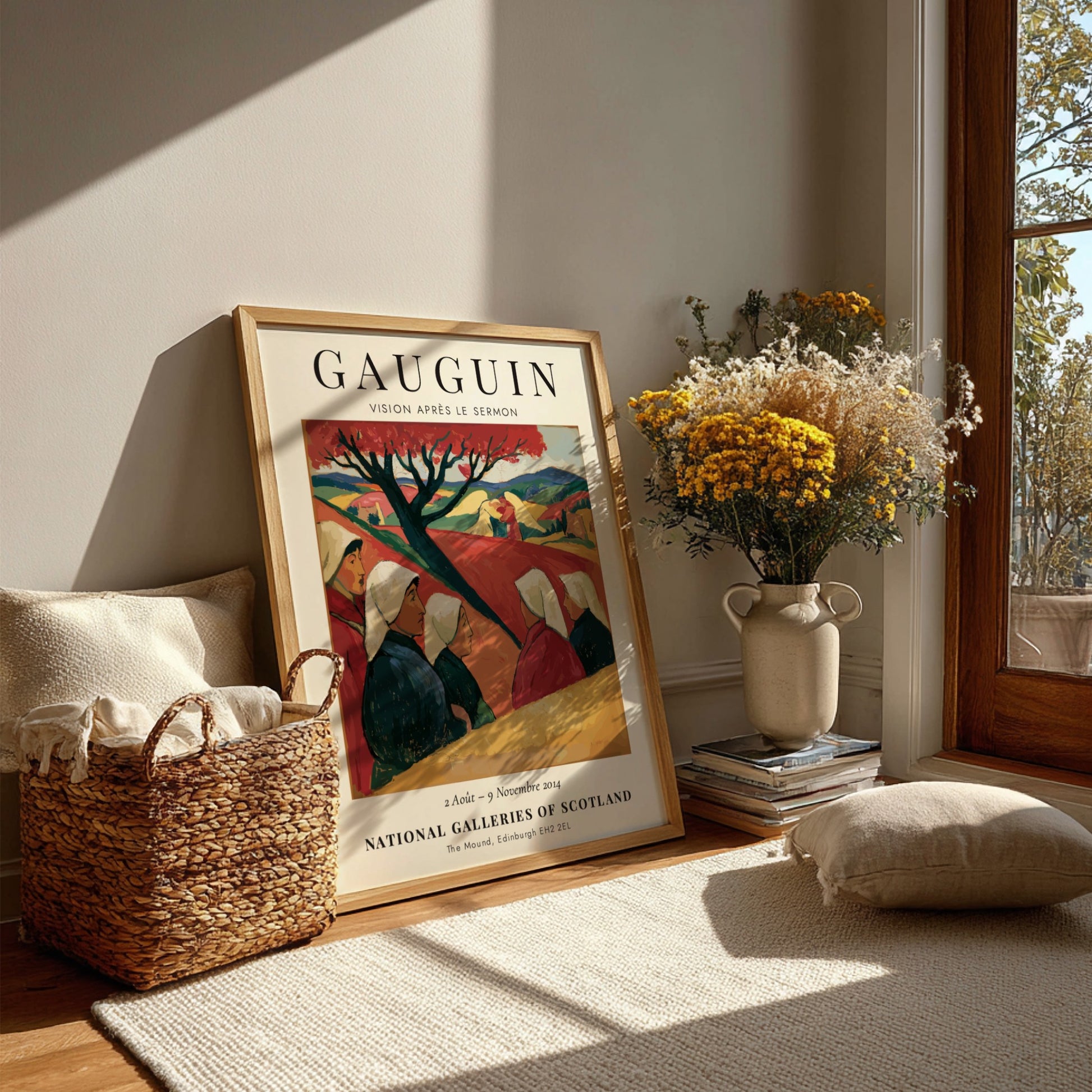 Gauguin Exhibition Poster featuring Vision Après le Sermon with warm colors and serene landscape.