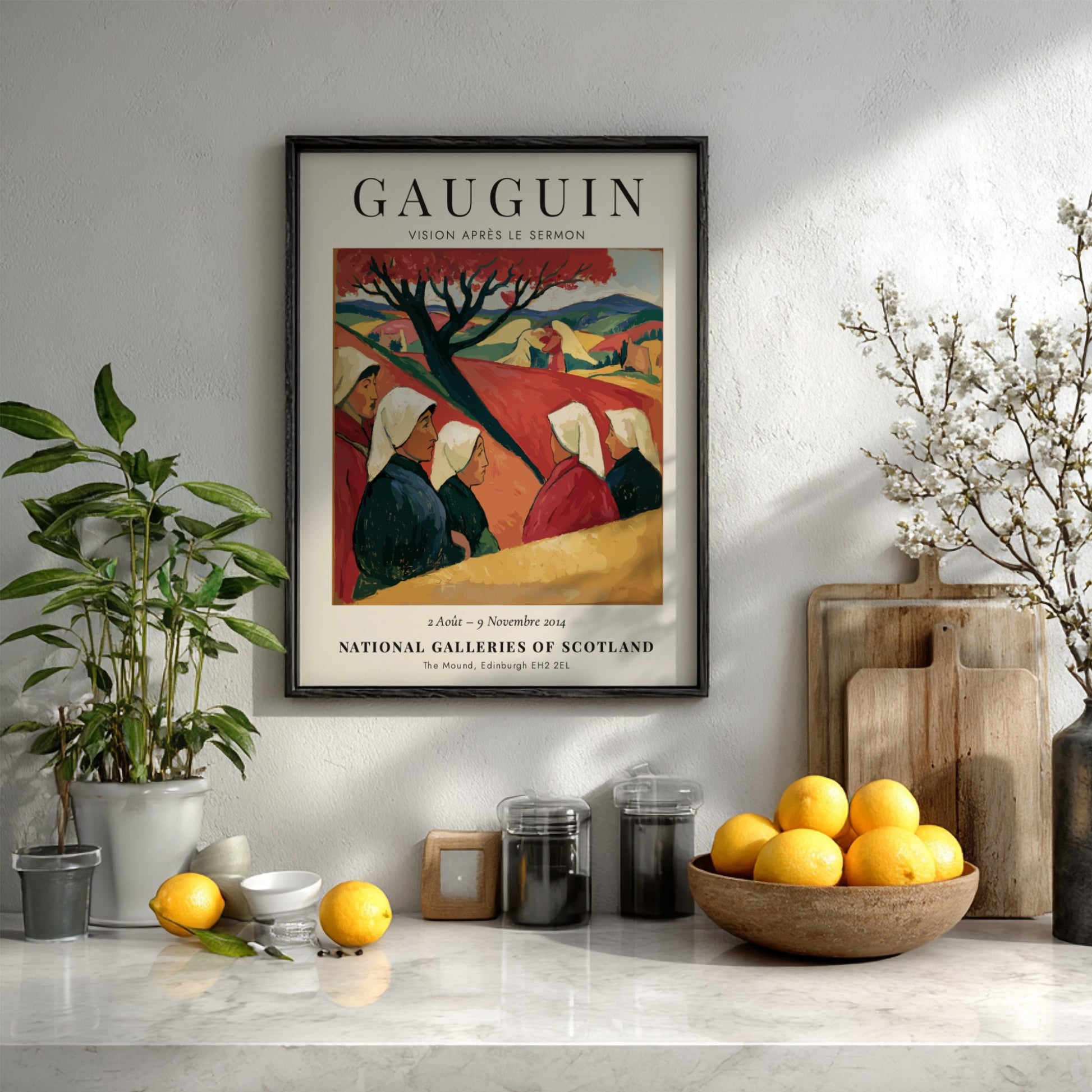 Gauguin Exhibition Poster featuring Vision Après le Sermon with warm colors and serene landscape.