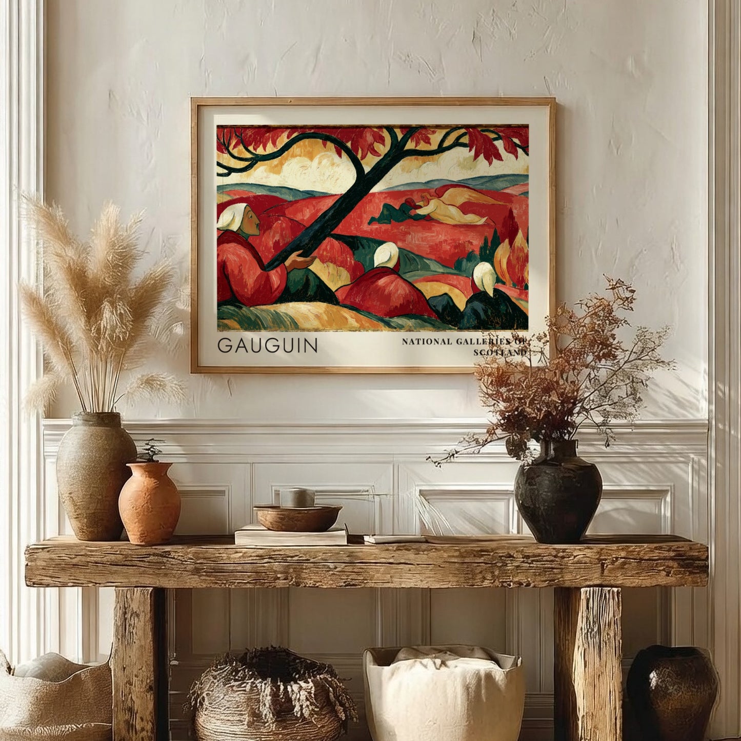Wall art poster featuring Gauguin's Vision After the Sermon in red tones with typography.
