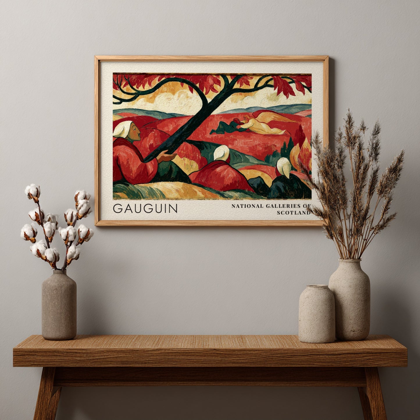 Wall art poster featuring Gauguin's Vision After the Sermon in red tones with typography.