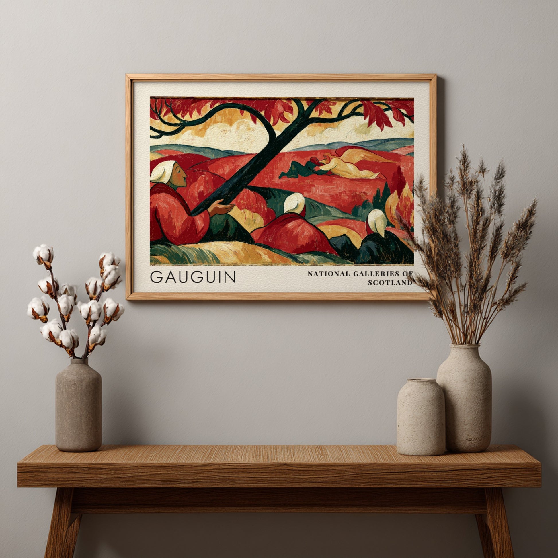 Wall art poster featuring Gauguin's Vision After the Sermon in red tones with typography.