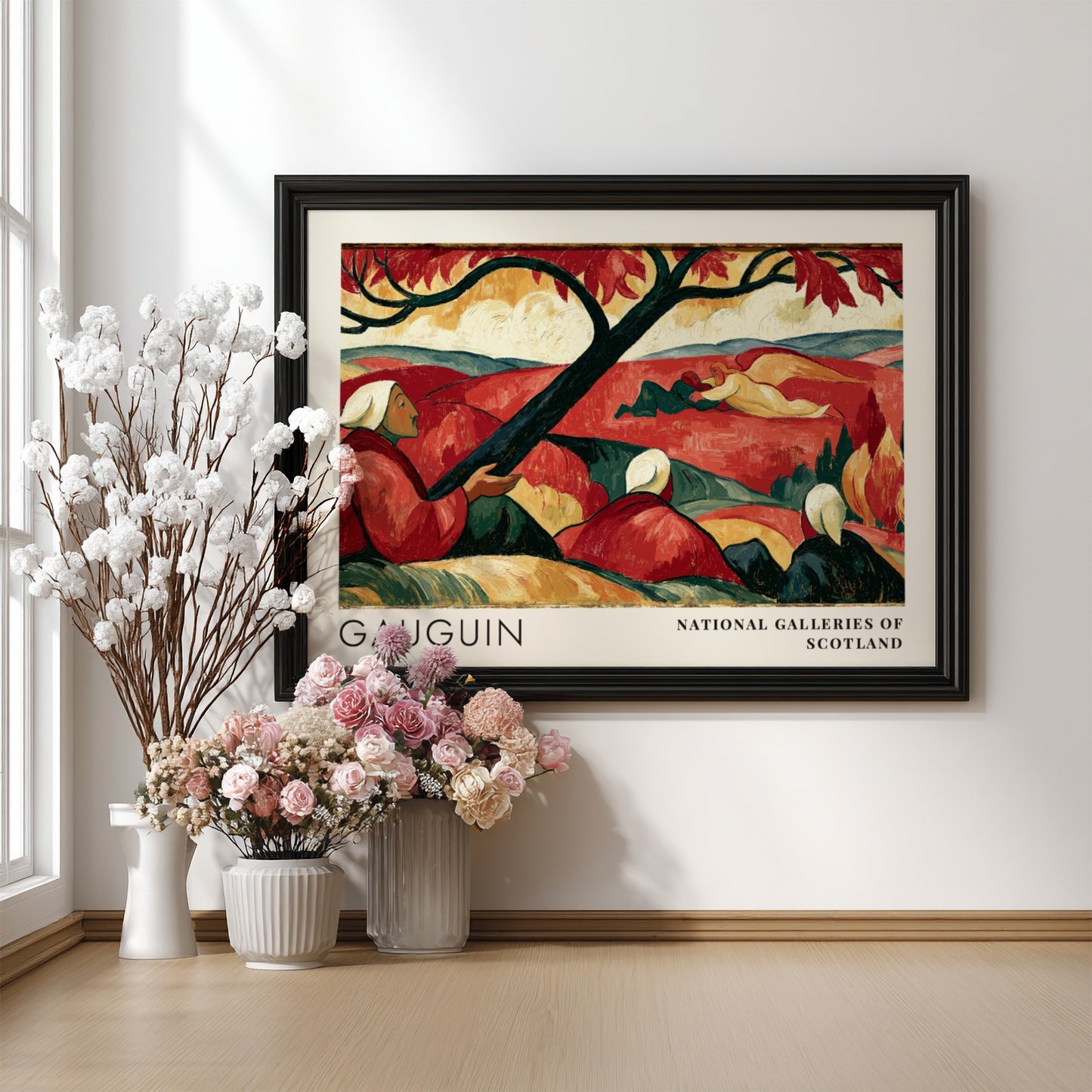Wall art poster featuring Gauguin's Vision After the Sermon in red tones with typography.