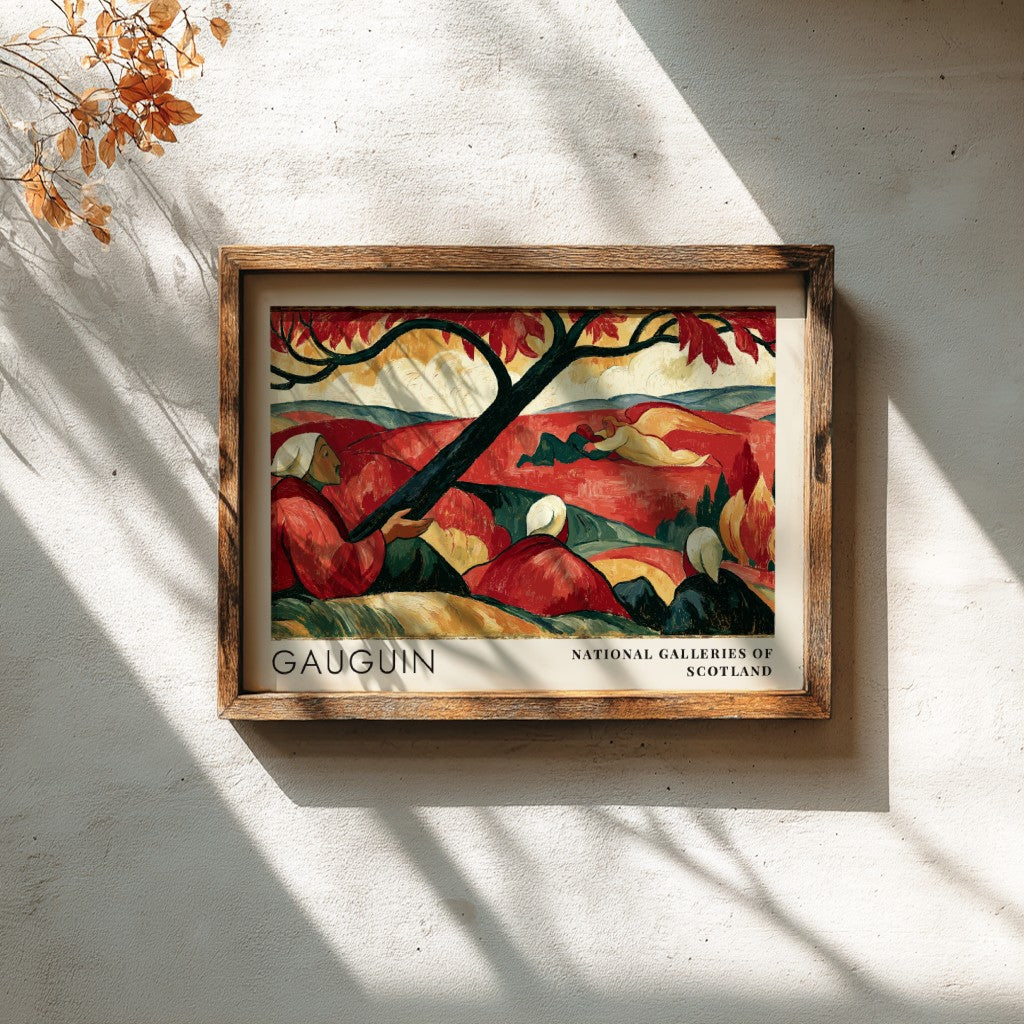 Wall art poster featuring Gauguin's Vision After the Sermon in red tones with typography.