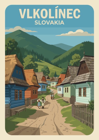 Poster featuring colourful timber houses in Vlkolinec Slovakia with rolling green mountains behind