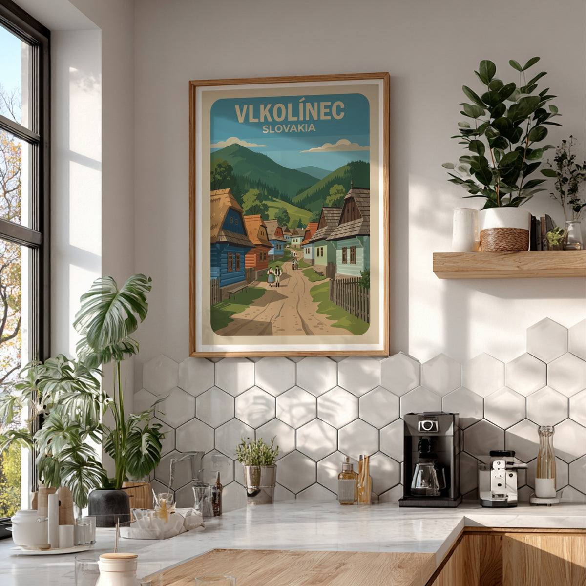 Poster featuring colourful timber houses in Vlkolinec Slovakia with rolling green mountains behind