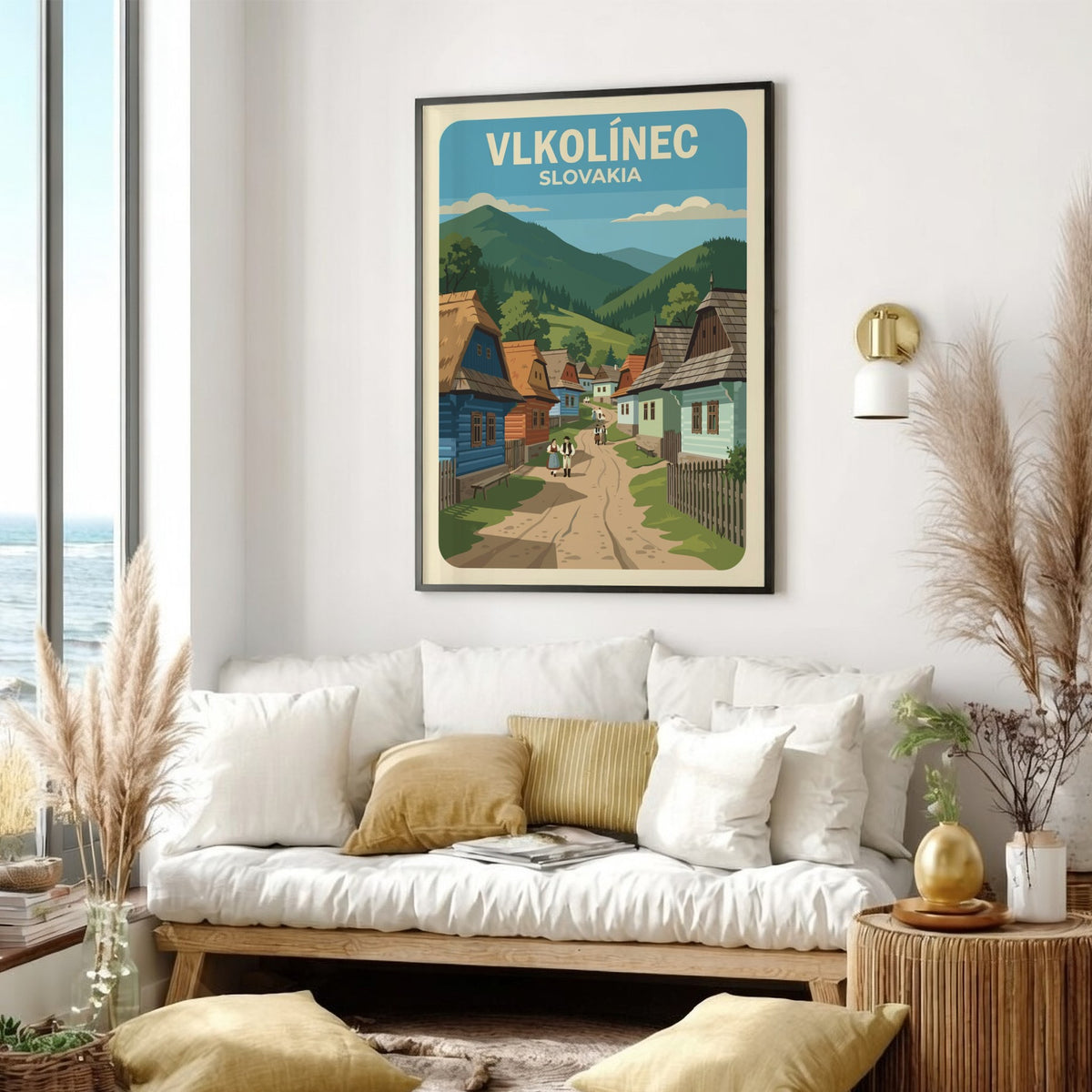 Poster featuring colourful timber houses in Vlkolinec Slovakia with rolling green mountains behind