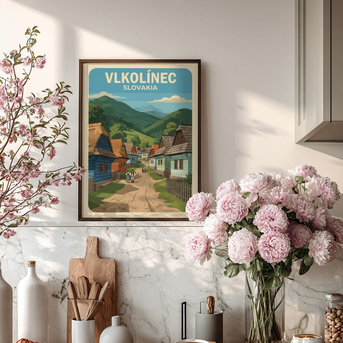 Poster featuring colourful timber houses in Vlkolinec Slovakia with rolling green mountains behind