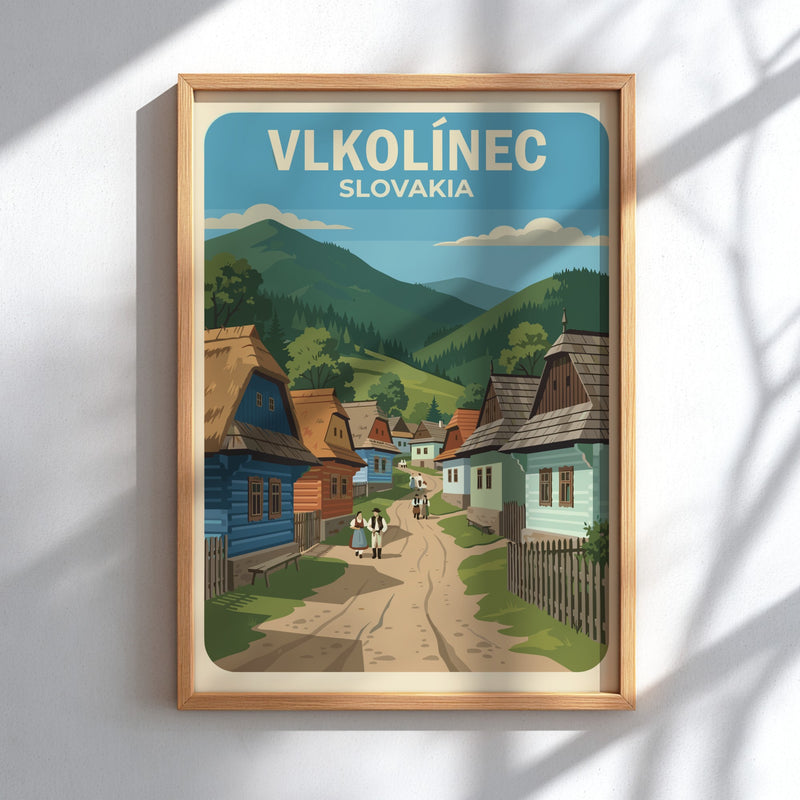 Poster featuring colourful timber houses in Vlkolinec Slovakia with rolling green mountains behind