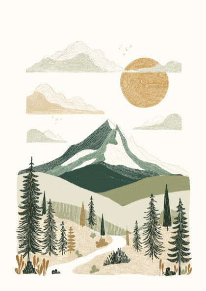Mountain landscape poster with textured style, featuring green mountains, sun, and trees. Boho wall art.