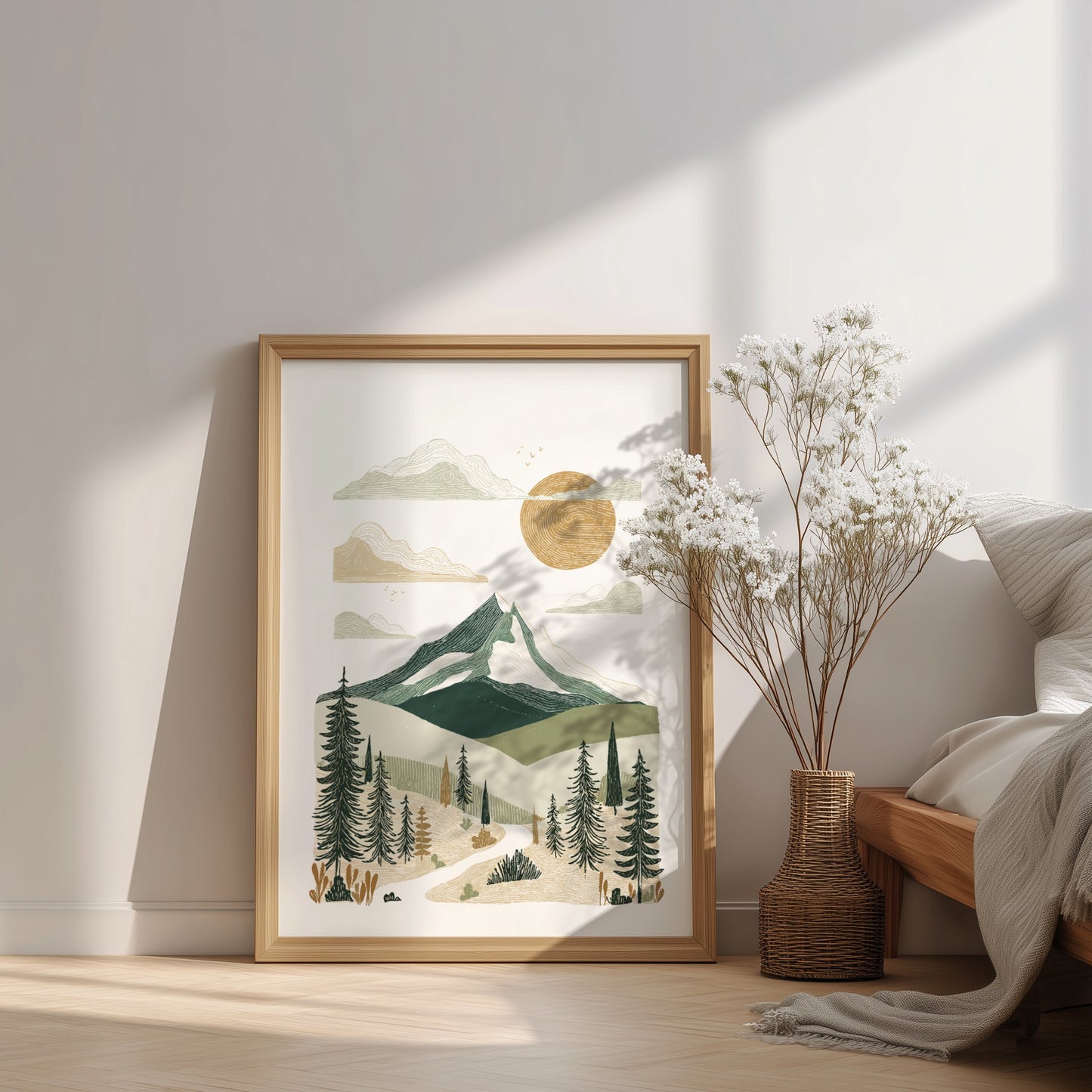 Mountain landscape poster with textured style, featuring green mountains, sun, and trees. Boho wall art.