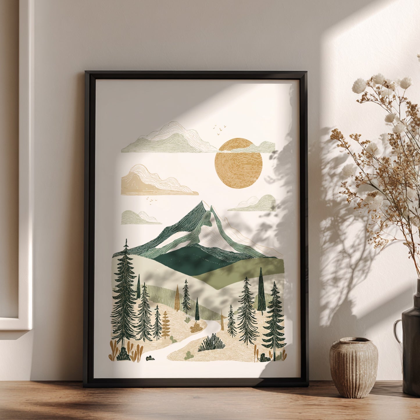 Mountain landscape poster with textured style, featuring green mountains, sun, and trees. Boho wall art.