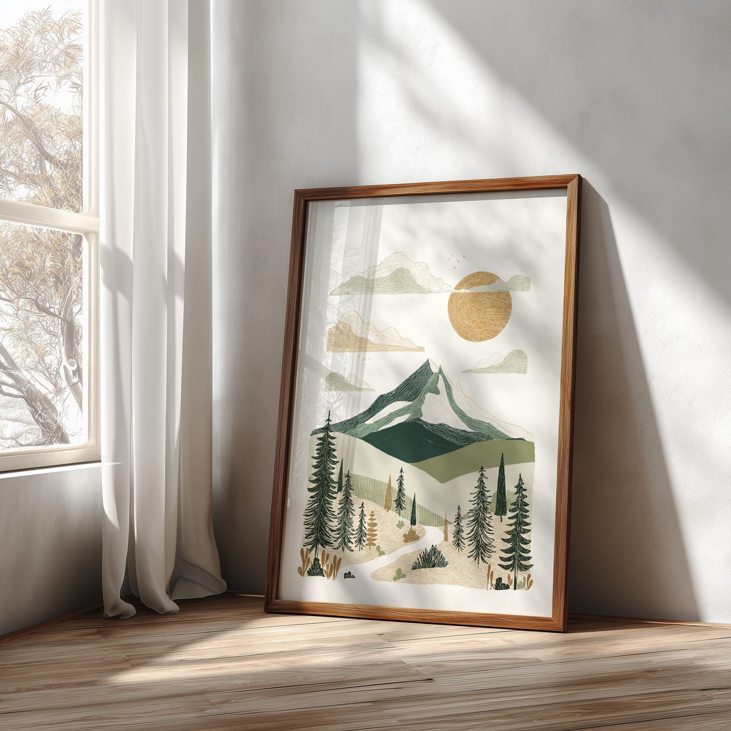 Mountain landscape poster with textured style, featuring green mountains, sun, and trees. Boho wall art.