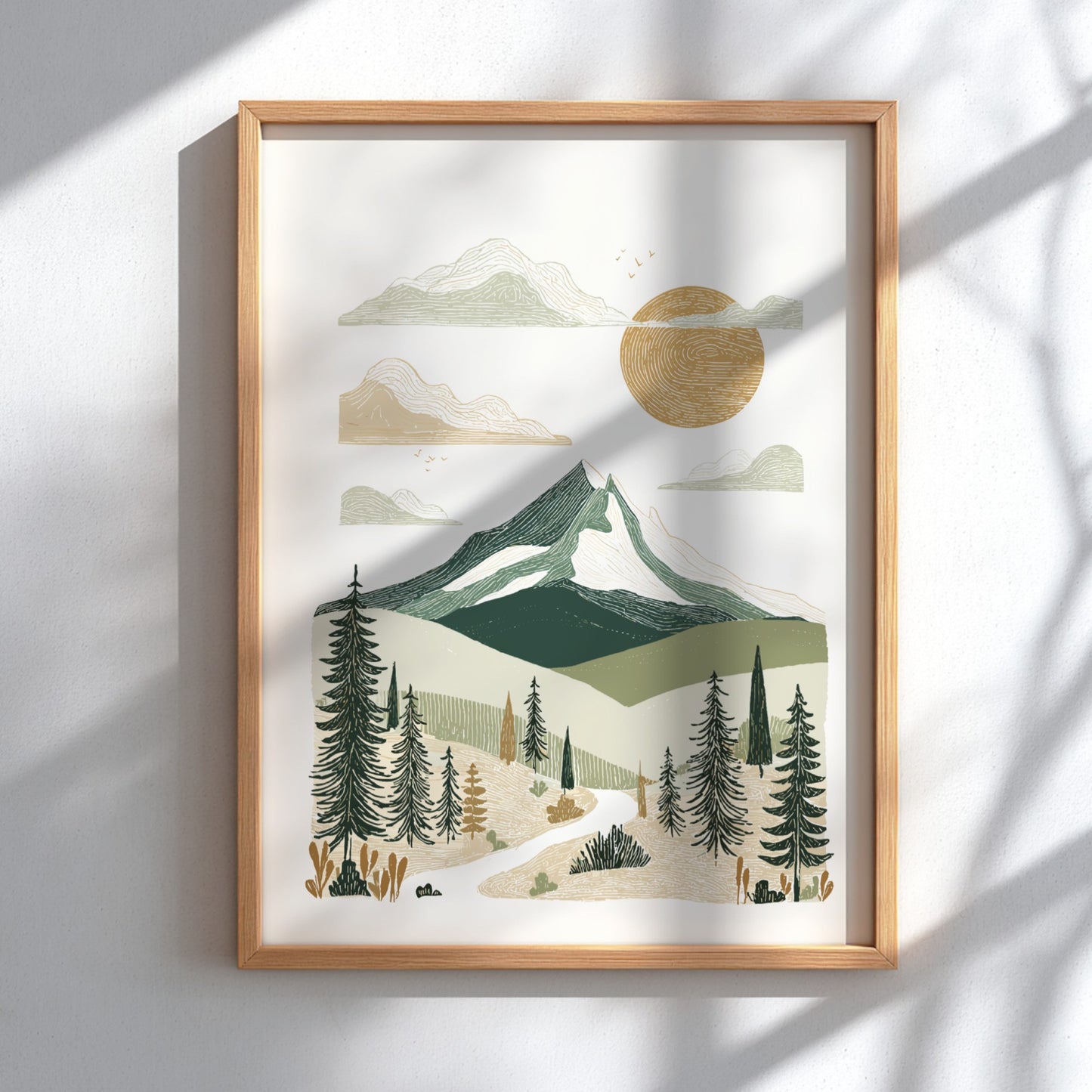 Mountain landscape poster with textured style, featuring green mountains, sun, and trees. Boho wall art.