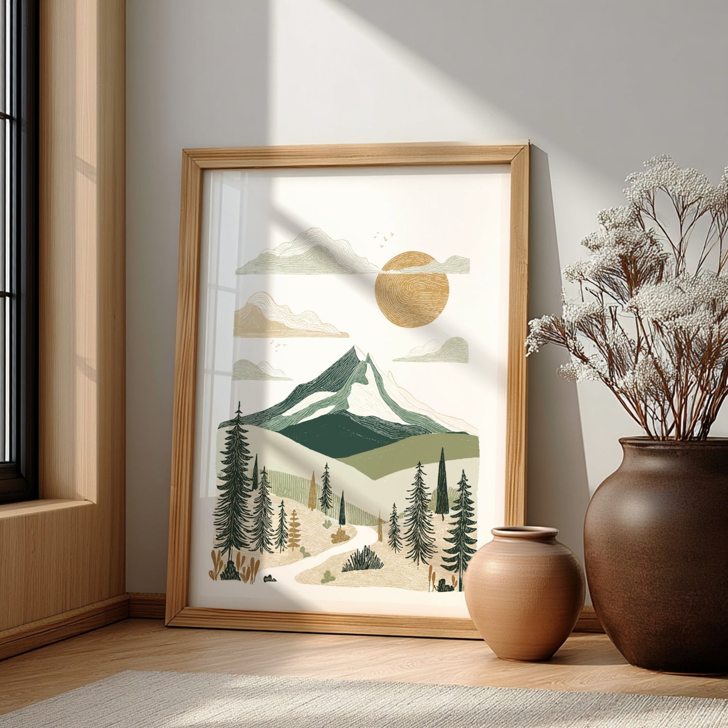 Mountain landscape poster with textured style, featuring green mountains, sun, and trees. Boho wall art.