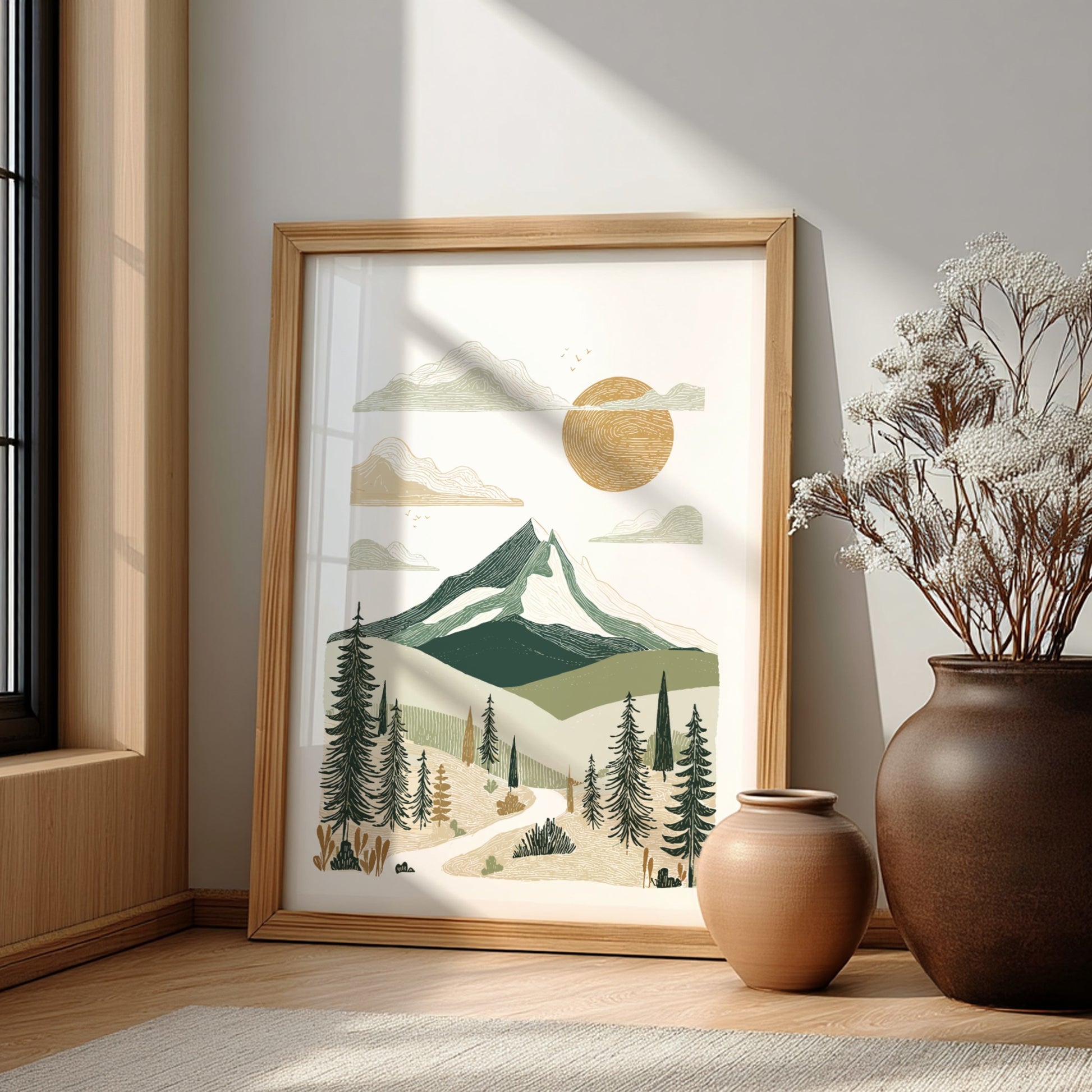 Mountain landscape poster with textured style, featuring green mountains, sun, and trees. Boho wall art.