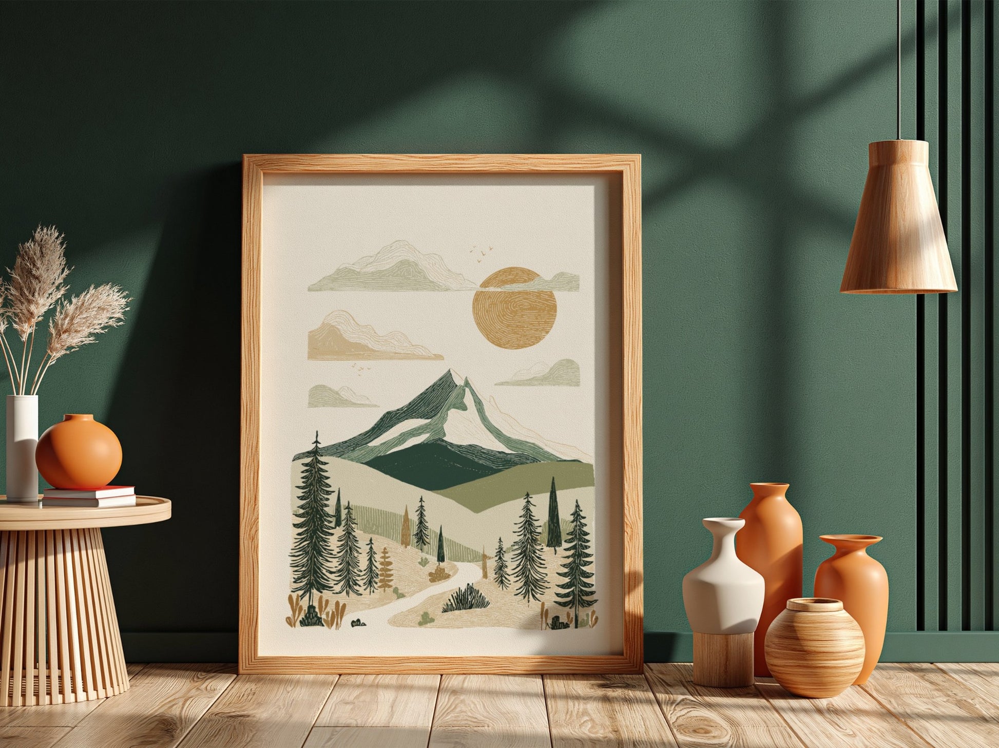 Mountain landscape poster with textured style, featuring green mountains, sun, and trees. Boho wall art.