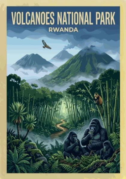Gorilla poster showcasing nature illustration with bamboo forest and mountains