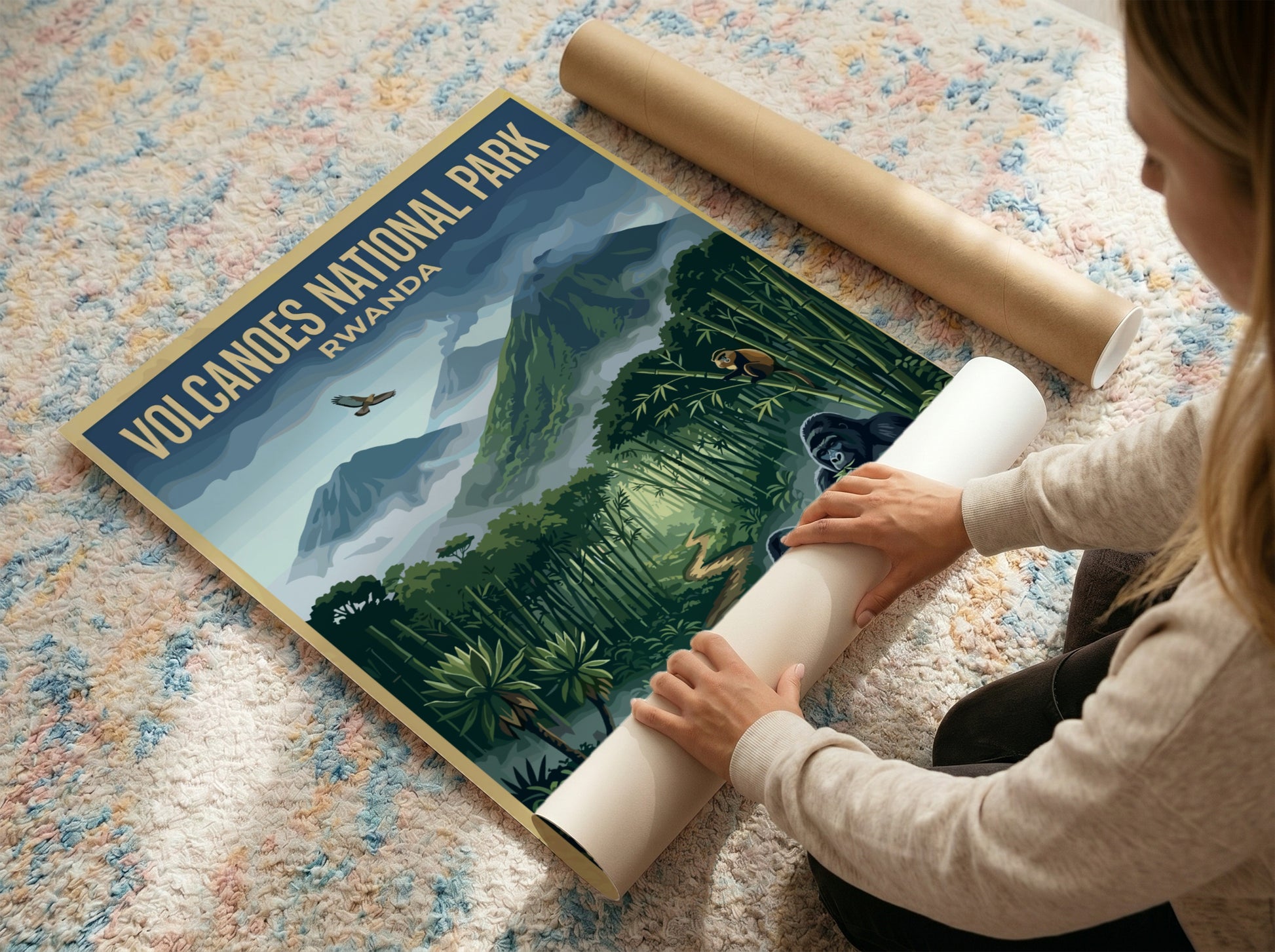 Gorilla poster showcasing nature illustration with bamboo forest and mountains