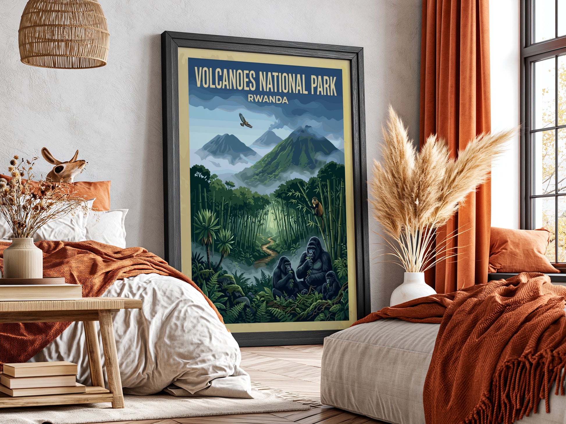 Gorilla poster showcasing nature illustration with bamboo forest and mountains