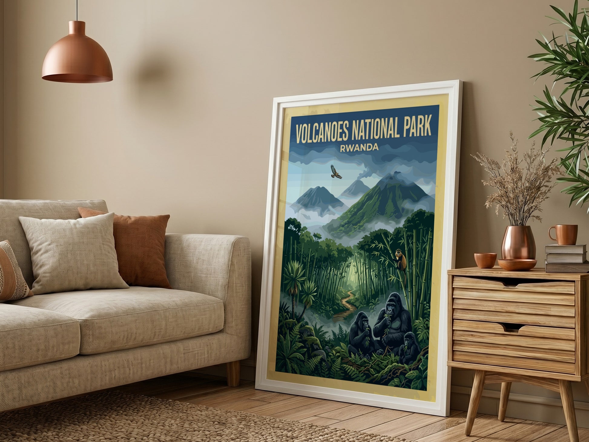 Gorilla poster showcasing nature illustration with bamboo forest and mountains