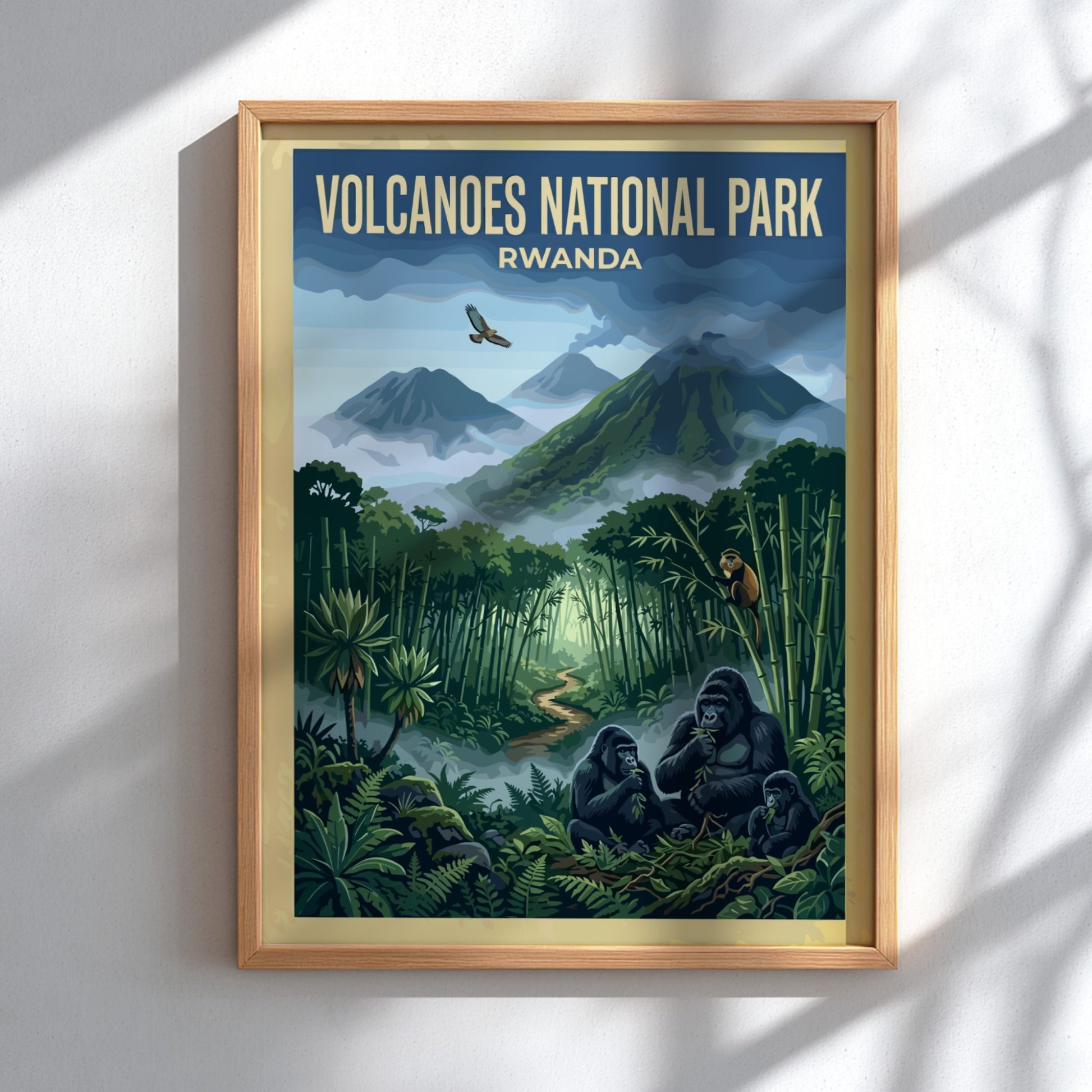 Gorilla poster showcasing nature illustration with bamboo forest and mountains