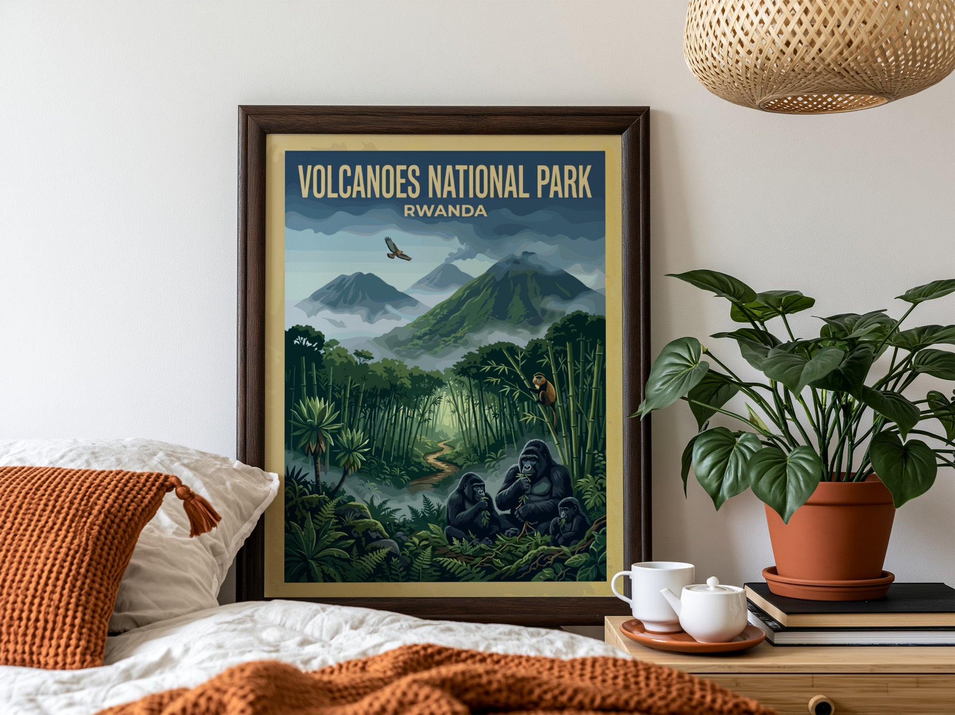Gorilla poster showcasing nature illustration with bamboo forest and mountains