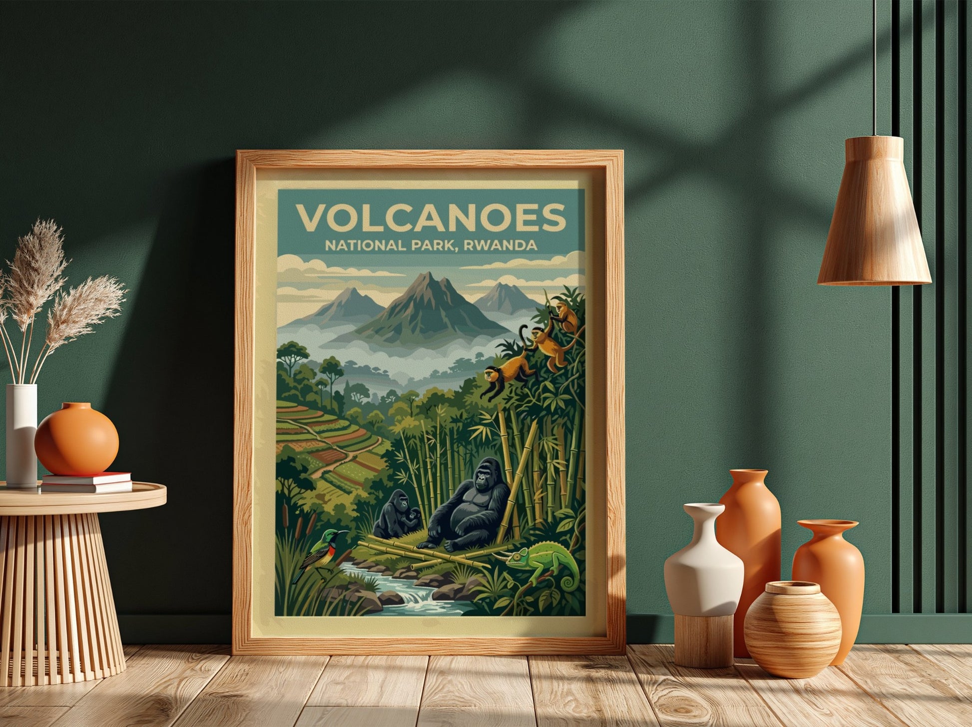 Travel poster of Volcanoes National Park Rwanda featuring mountain gorillas and golden monkeys below