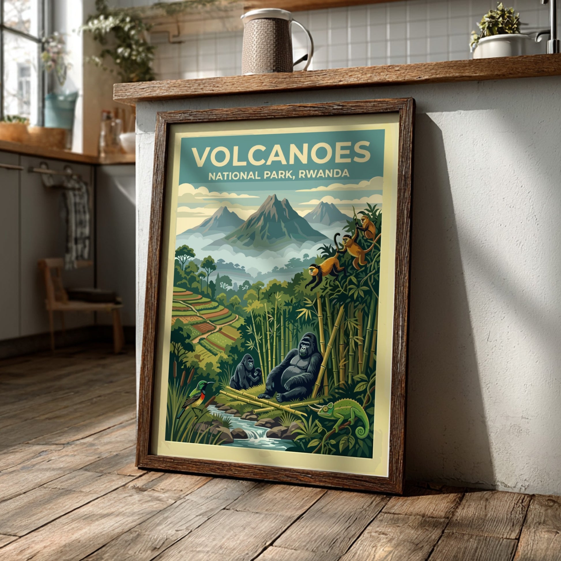 Travel poster of Volcanoes National Park Rwanda featuring mountain gorillas and golden monkeys below