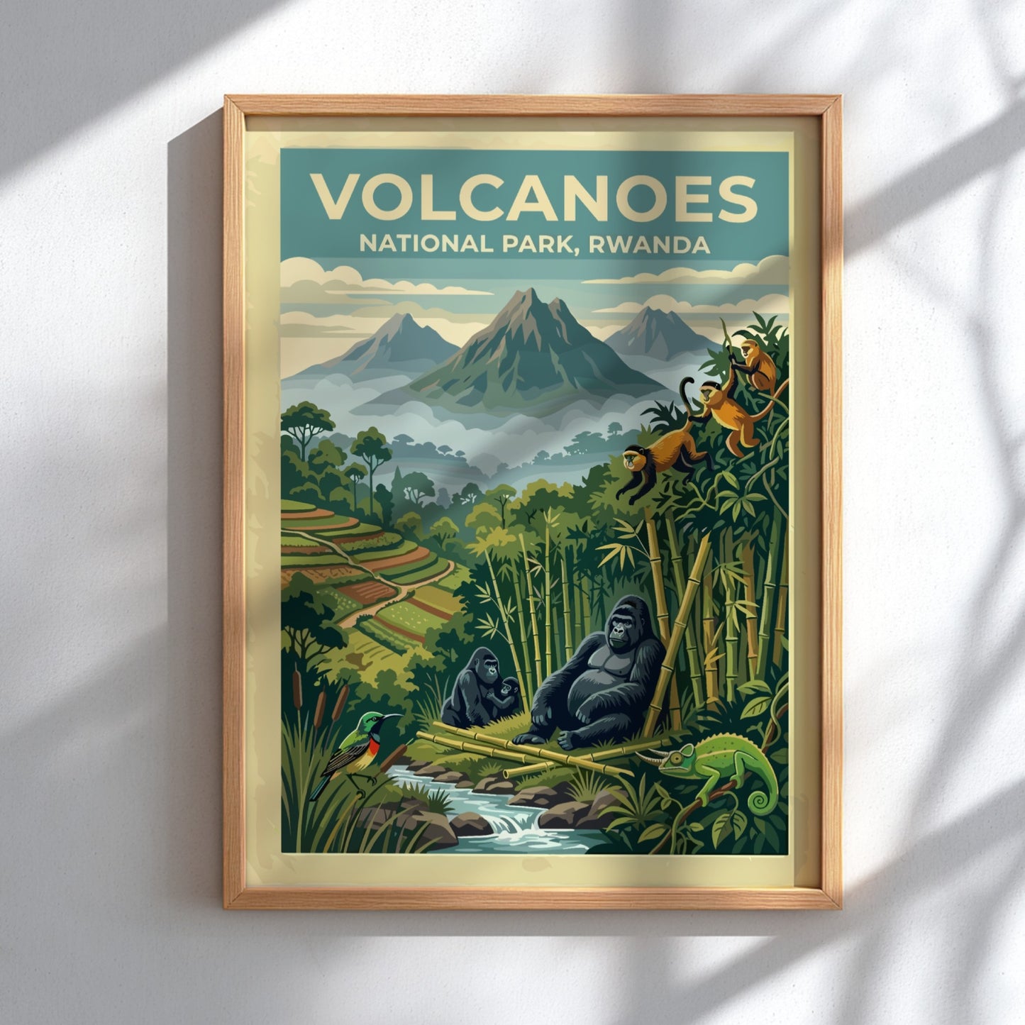 Travel poster of Volcanoes National Park Rwanda featuring mountain gorillas and golden monkeys below