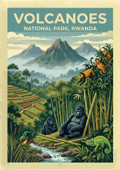 Travel poster of Volcanoes National Park Rwanda featuring mountain gorillas and golden monkeys below