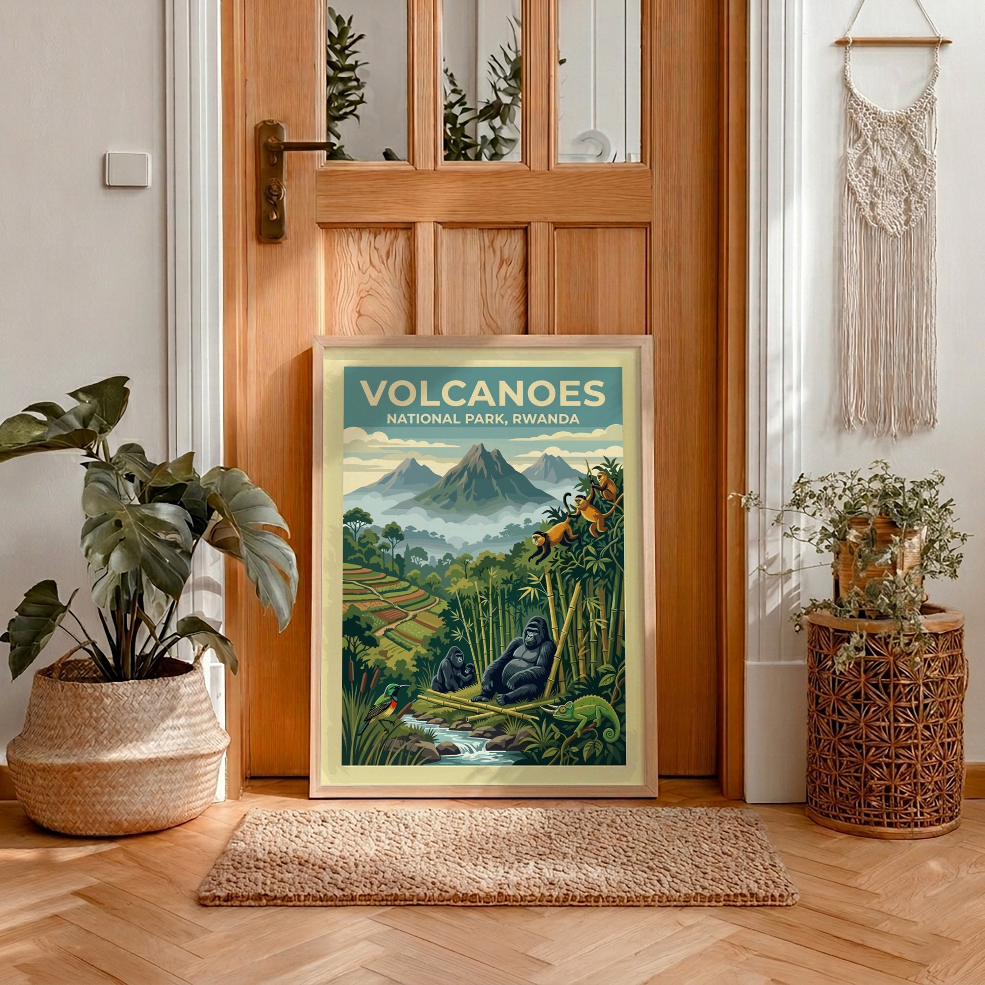Travel poster of Volcanoes National Park Rwanda featuring mountain gorillas and golden monkeys below