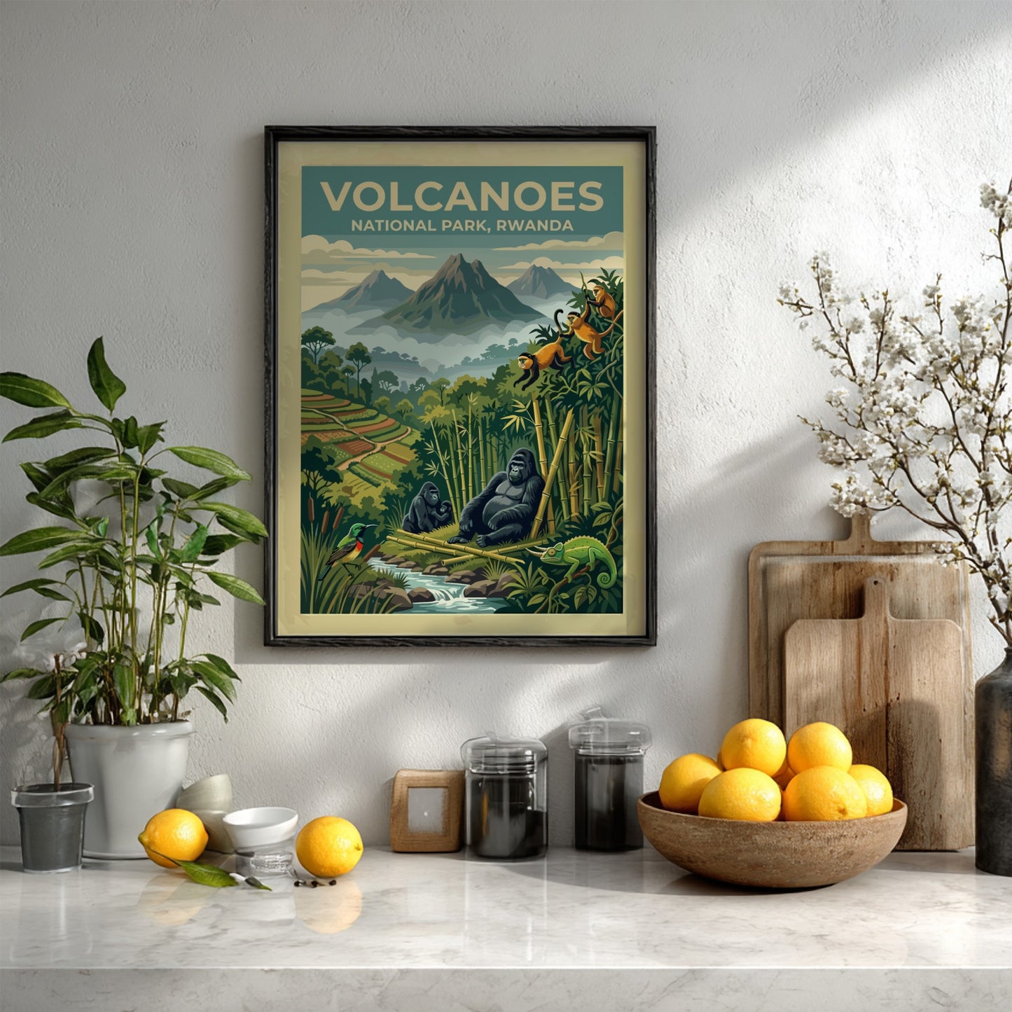 Travel poster of Volcanoes National Park Rwanda featuring mountain gorillas and golden monkeys below