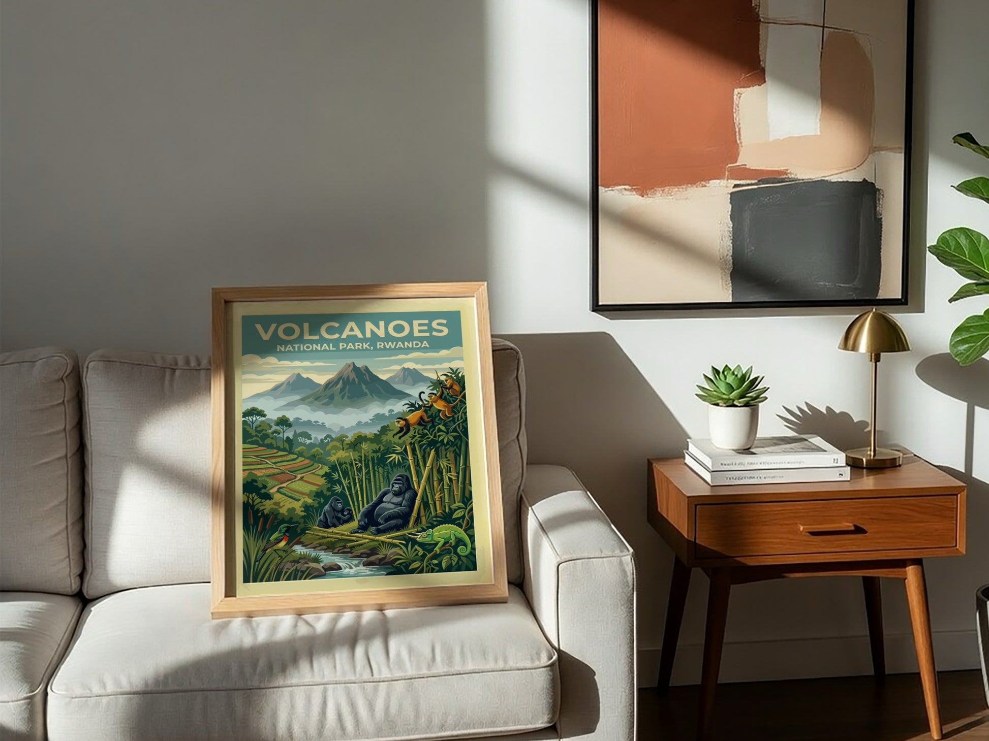 Travel poster of Volcanoes National Park Rwanda featuring mountain gorillas and golden monkeys below