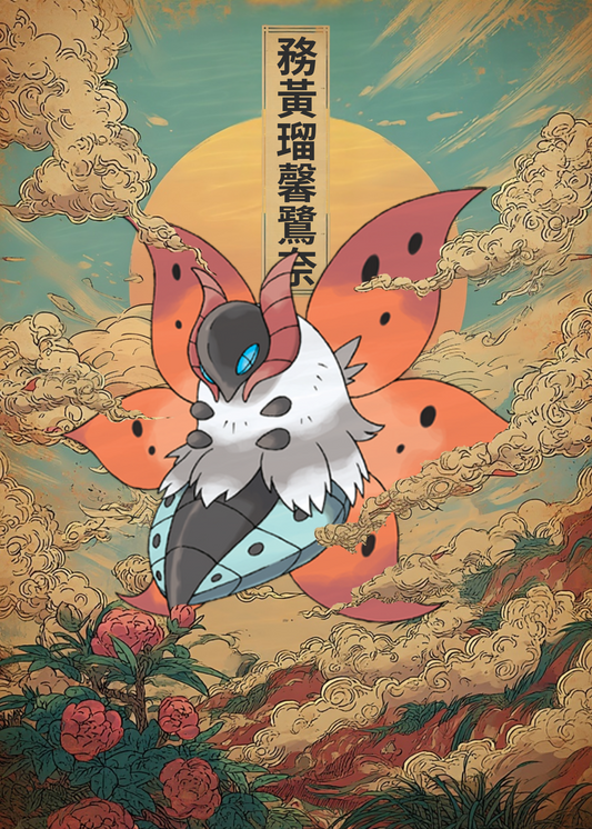 Volcarona Pokemon in a fantasy setting with clouds and flowers.