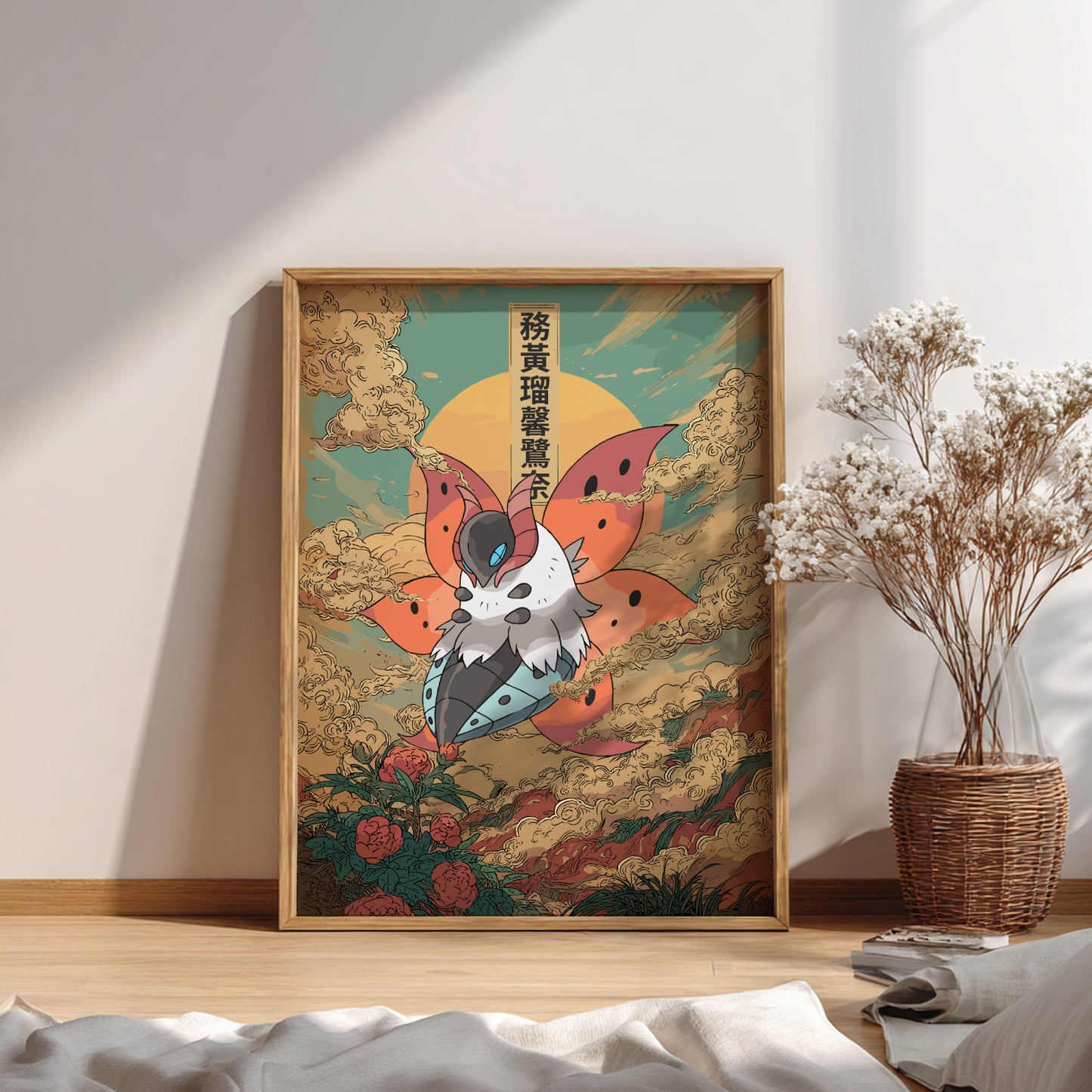Framed artwork of a colorful Volcarona Pokemon with a abstract background on a wall.