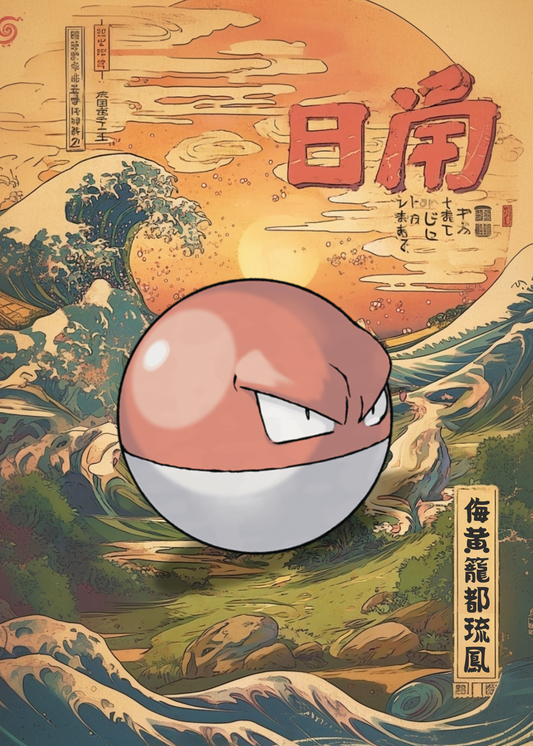 Voltorb Pokemon set against a stylized landscape with mountains and waves.