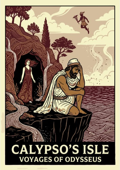 Calypso's Isle poster featuring Odysseus and Calypso in a stylized Greek mythology art style with earthy