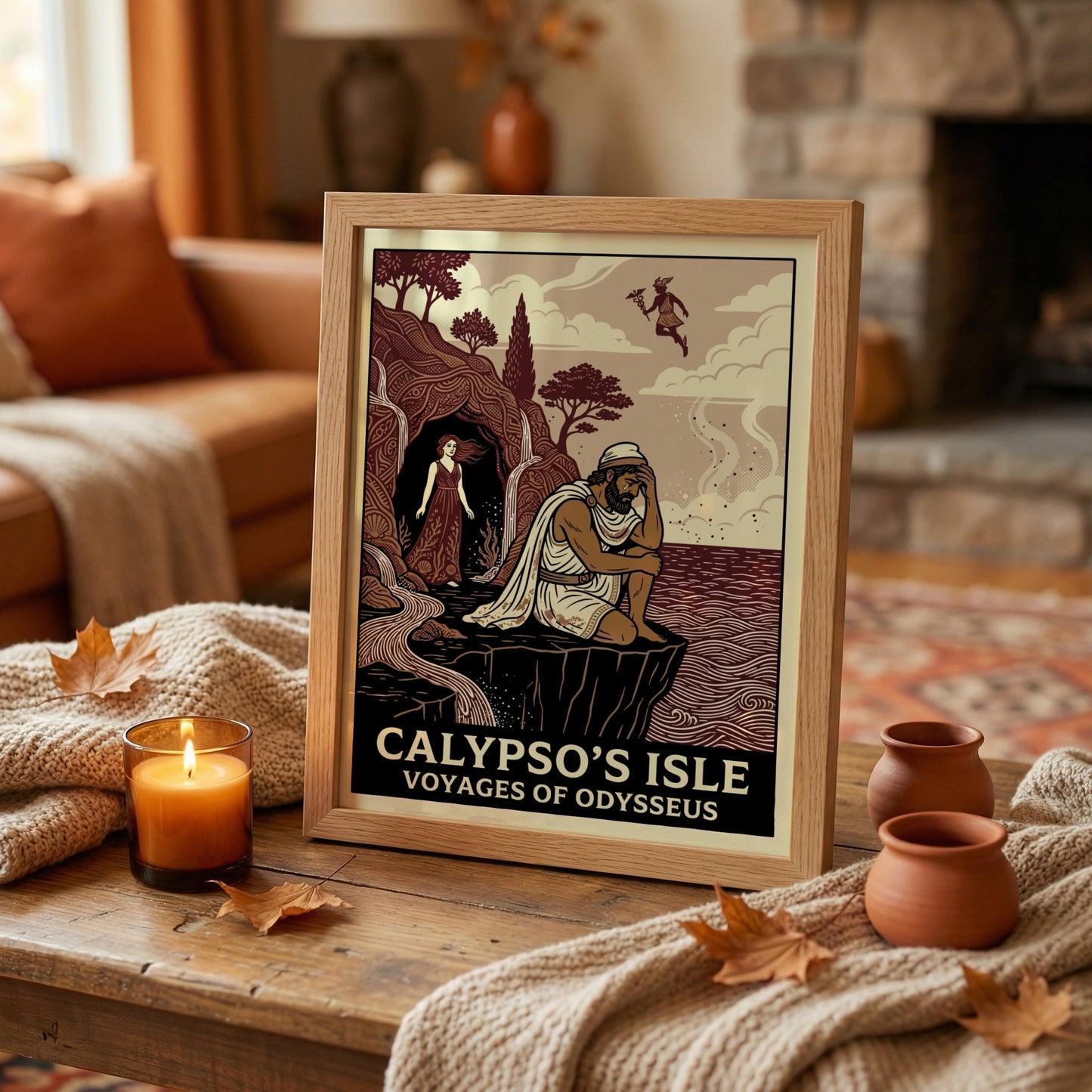 Calypso's Isle poster featuring Odysseus and Calypso in a stylized Greek mythology art style with earthy