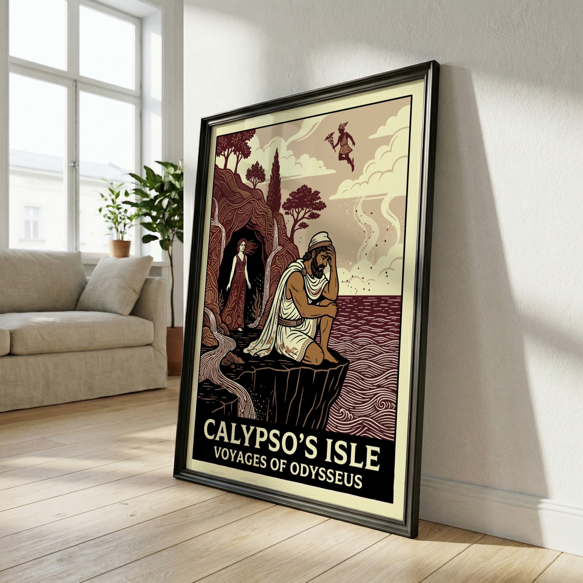 Calypso's Isle poster featuring Odysseus and Calypso in a stylized Greek mythology art style with earthy
