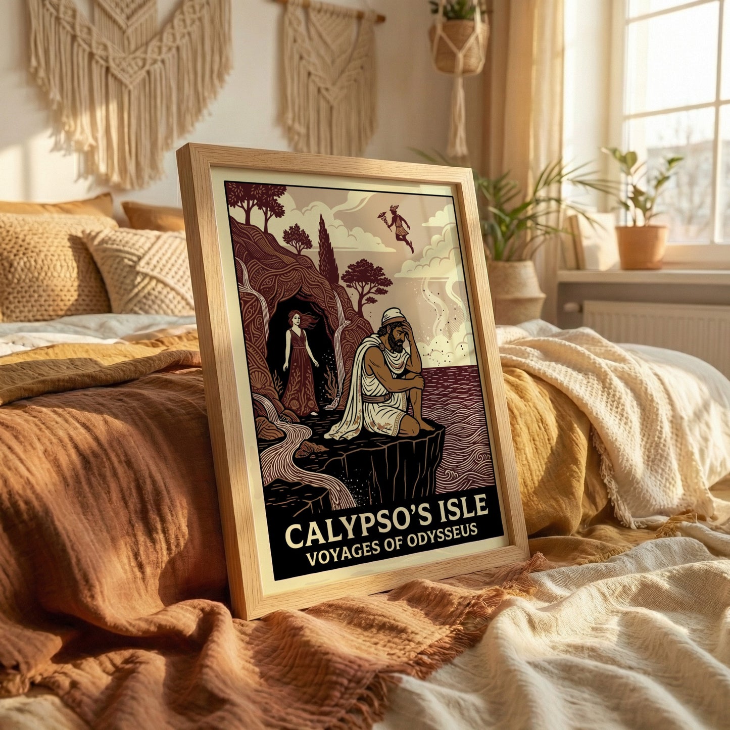 Calypso's Isle poster featuring Odysseus and Calypso in a stylized Greek mythology art style with earthy
