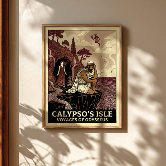 Calypso's Isle poster featuring Odysseus and Calypso in a stylized Greek mythology art style with earthy