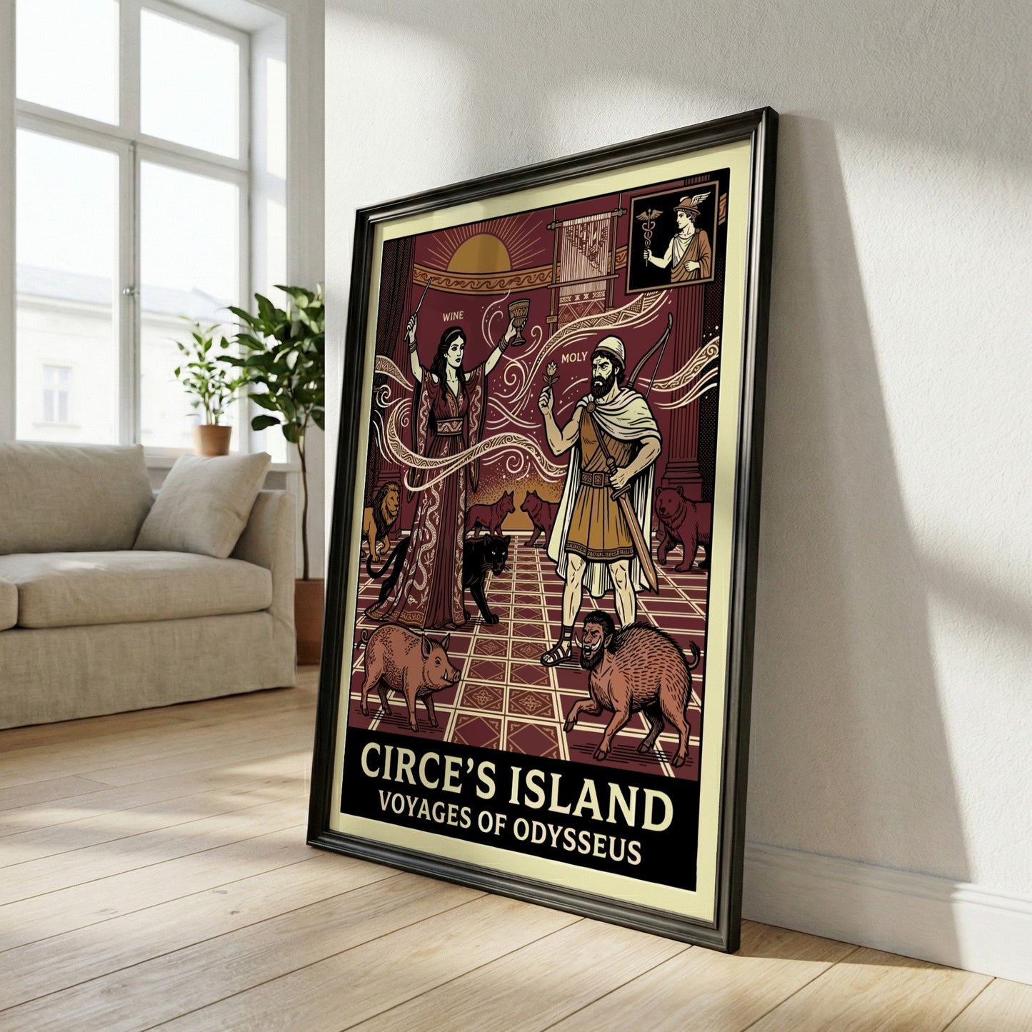 Circe's Island poster featuring Circe and Odysseus, Greek mythology art, Odyssey illustration, mythic wall