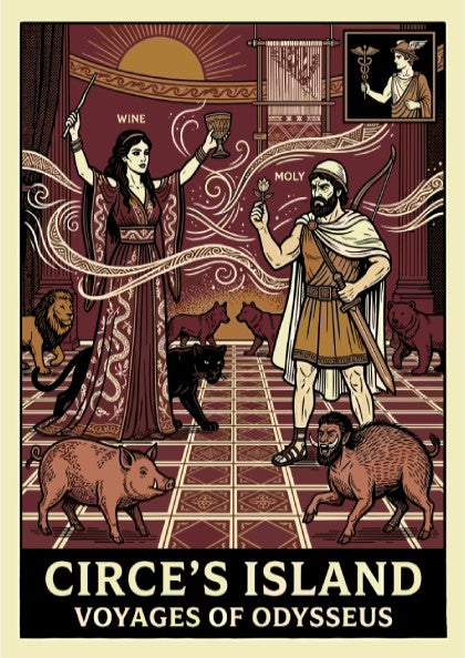 Circe's Island poster featuring Circe and Odysseus, Greek mythology art, Odyssey illustration, mythic wall