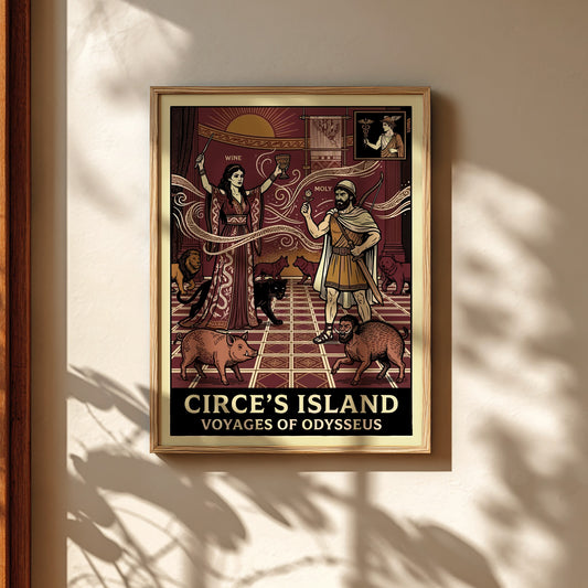 Circe's Island poster featuring Circe and Odysseus, Greek mythology art, Odyssey illustration, mythic wall