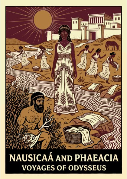Nausicaa and Phaeacia poster featuring Greek mythology characters by a river in a stylized illustration.